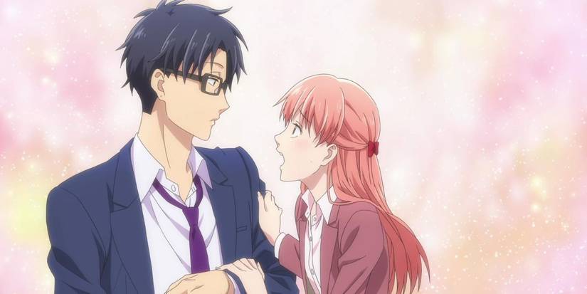 Wotakoi - Hirotaka and Narumi look at each other surrounded by glitter