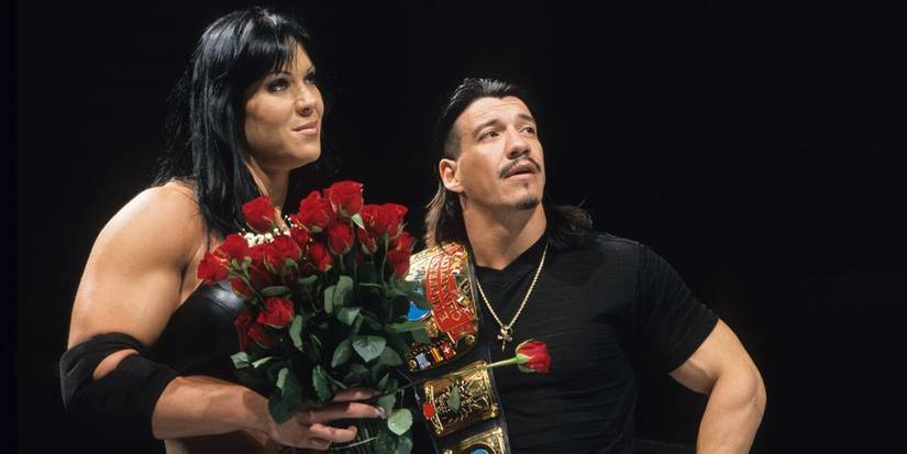 WWE European Champion Eddie Guerrero and Chyna with an arm full of roses