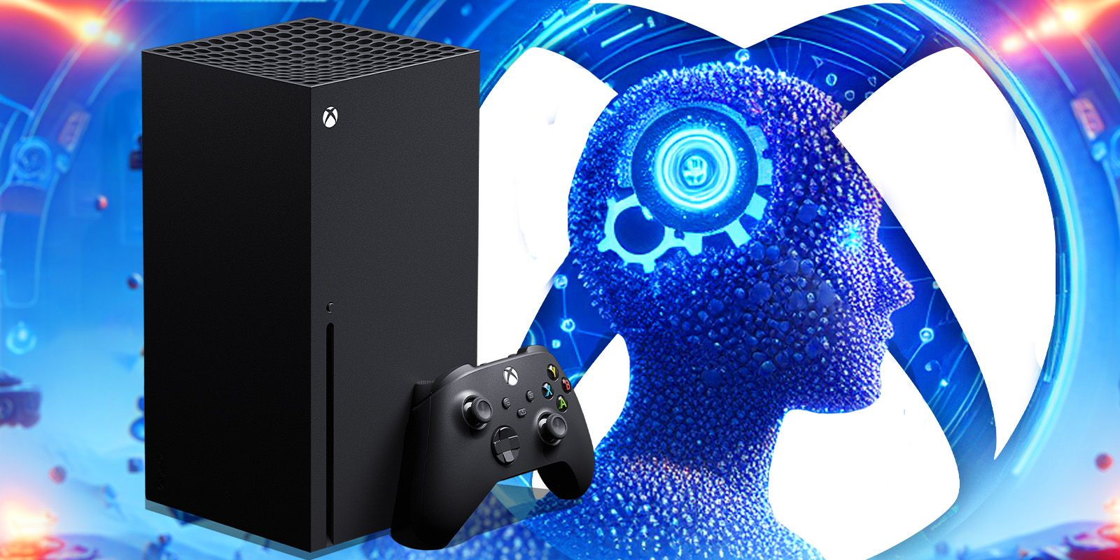 An Xbox Series X console stands beside a huge Xbox logo, with a futuristic portrait of a person in front of said logo.
