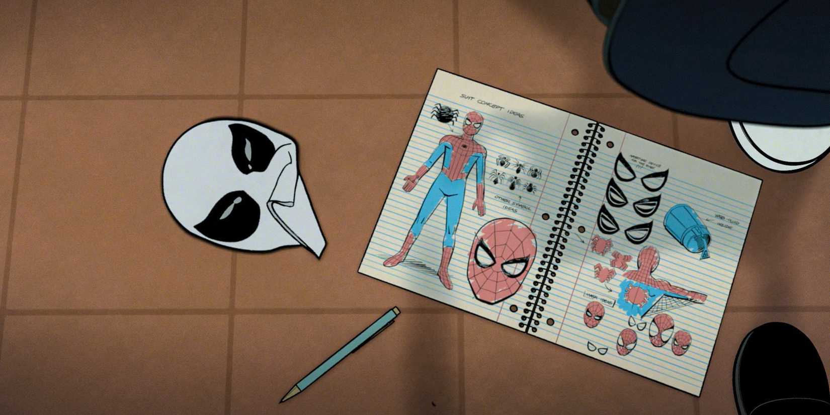 Peter's notebook with sketches of the Spider-Man suit and his mask lying on the floor in Your Friendly Neighborhood Spiderman Season 1 Ep 6