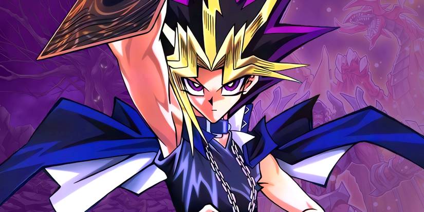 Yugi holding a card during one of his duels. Behind him, the artwork for Fallen Paradise and Awakening of the Sacred Beasts can be seen. 