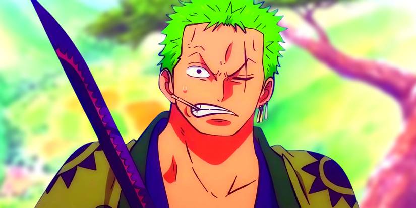 Zoro surprised as he holds Enma. Behind him, Shimotsuki Village can be seen.