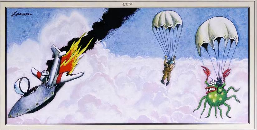 A human and an alien pilot falling to Earth after crashing in The Far Side.
