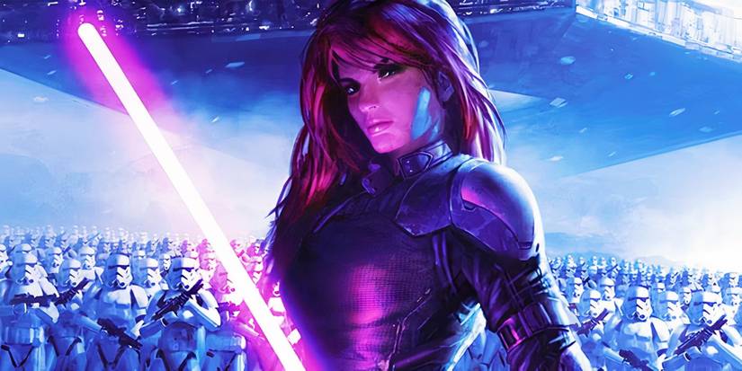 Mara Jade, personagem de Star Wars Legends, com um exército de Stormtroopers atrás dela.