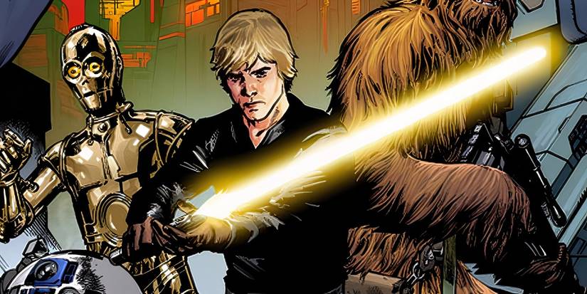 Luke Skywalker com Chewie, C-3PO e R2-D2 empunhando seu sabre de luz amarelo.