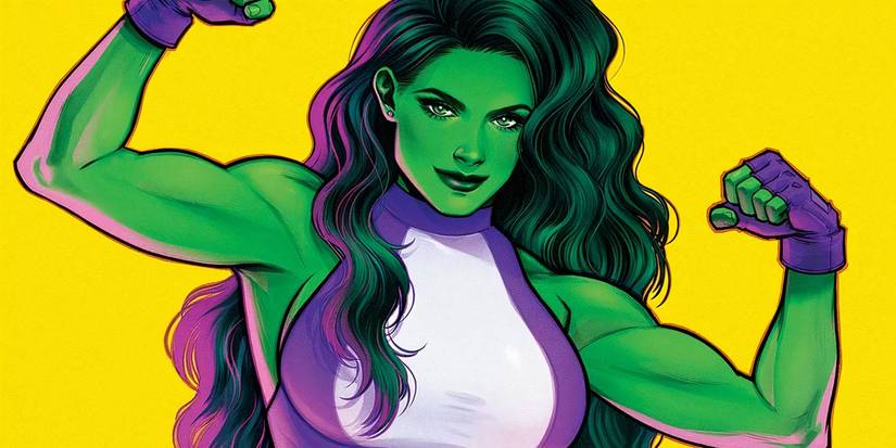 Marvel Comics' She-Hulk flexing her biceps. 