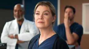 Meredith Grey with a serious expression in Grey's Anatomy season 21 episode 10, Richard and Nick behind her
