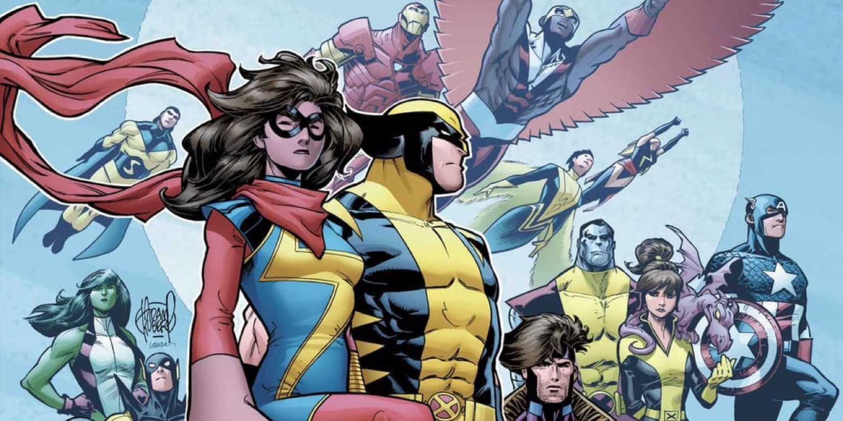 Giant-Size House of M #1 cropped cover by Adam Kubert - Ms. Marvel stands with the Avengers and X-Men