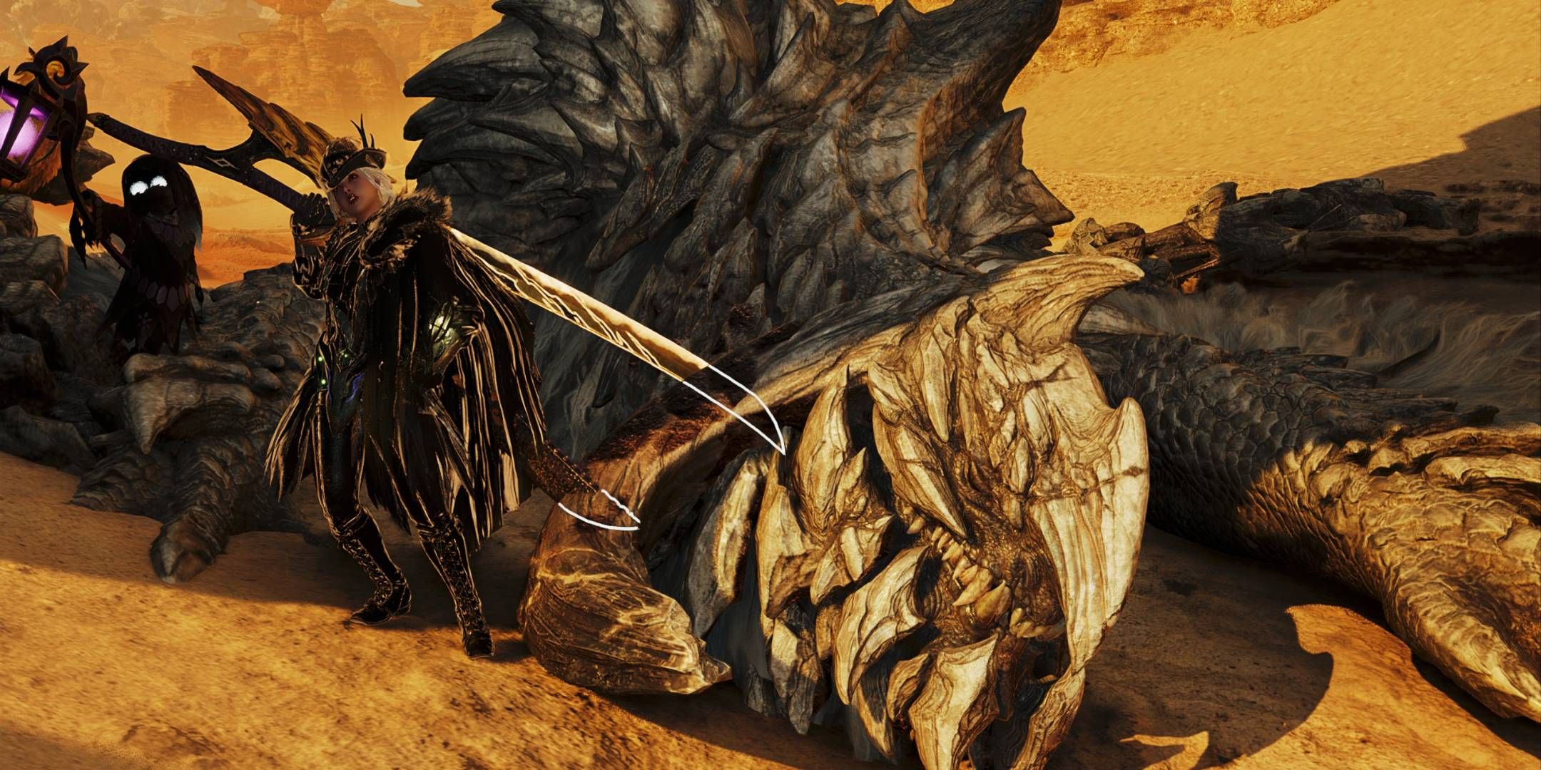 Hunter next to a dead Arkveld in Monster Hunter Wilds