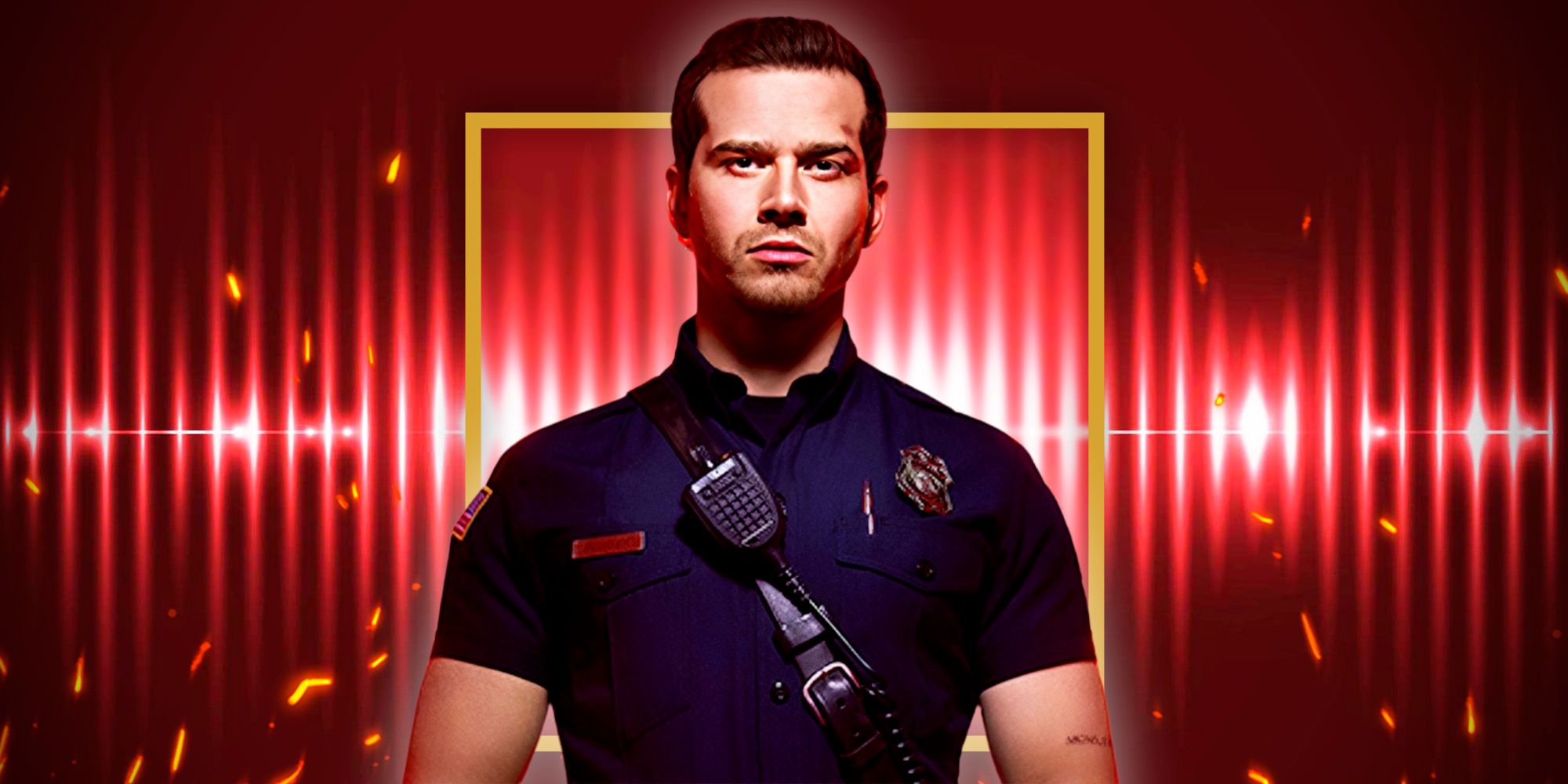 Oliver Stark as Buck in front of a 9-1-1 background