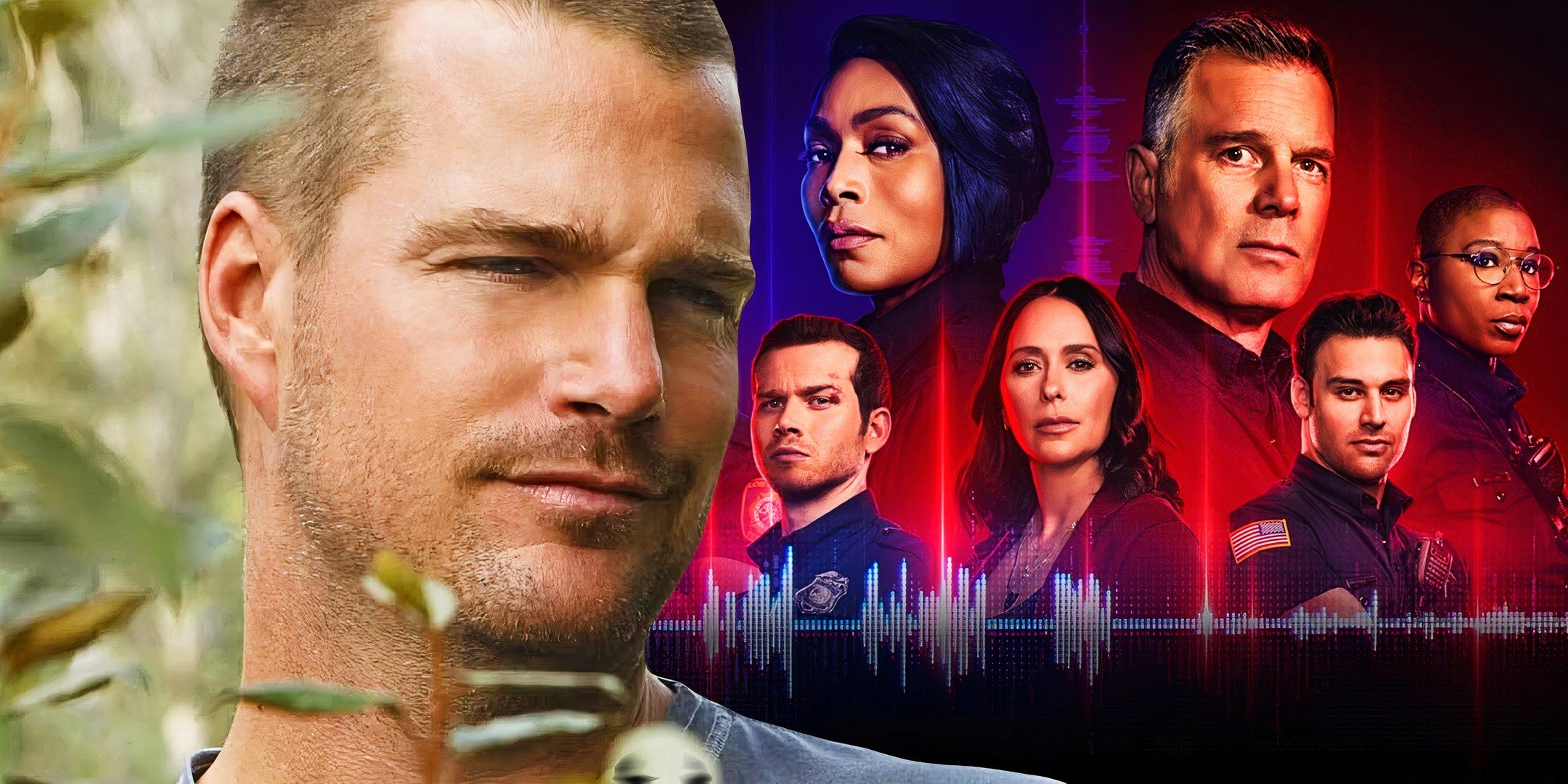 Композитное изображение Криса О'Доннелла, выглядящего скептически в "NCIS: Los Angeles", перед актерами "9-1-1".