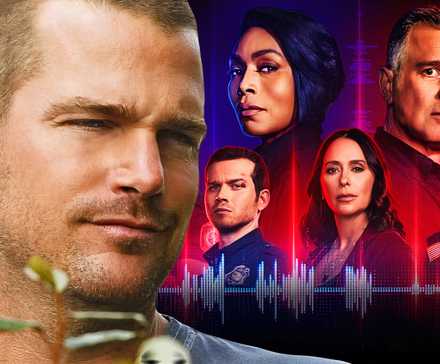 Композитное изображение Криса О'Доннелла, выглядящего скептически в "NCIS: Los Angeles", перед актерами "9-1-1".