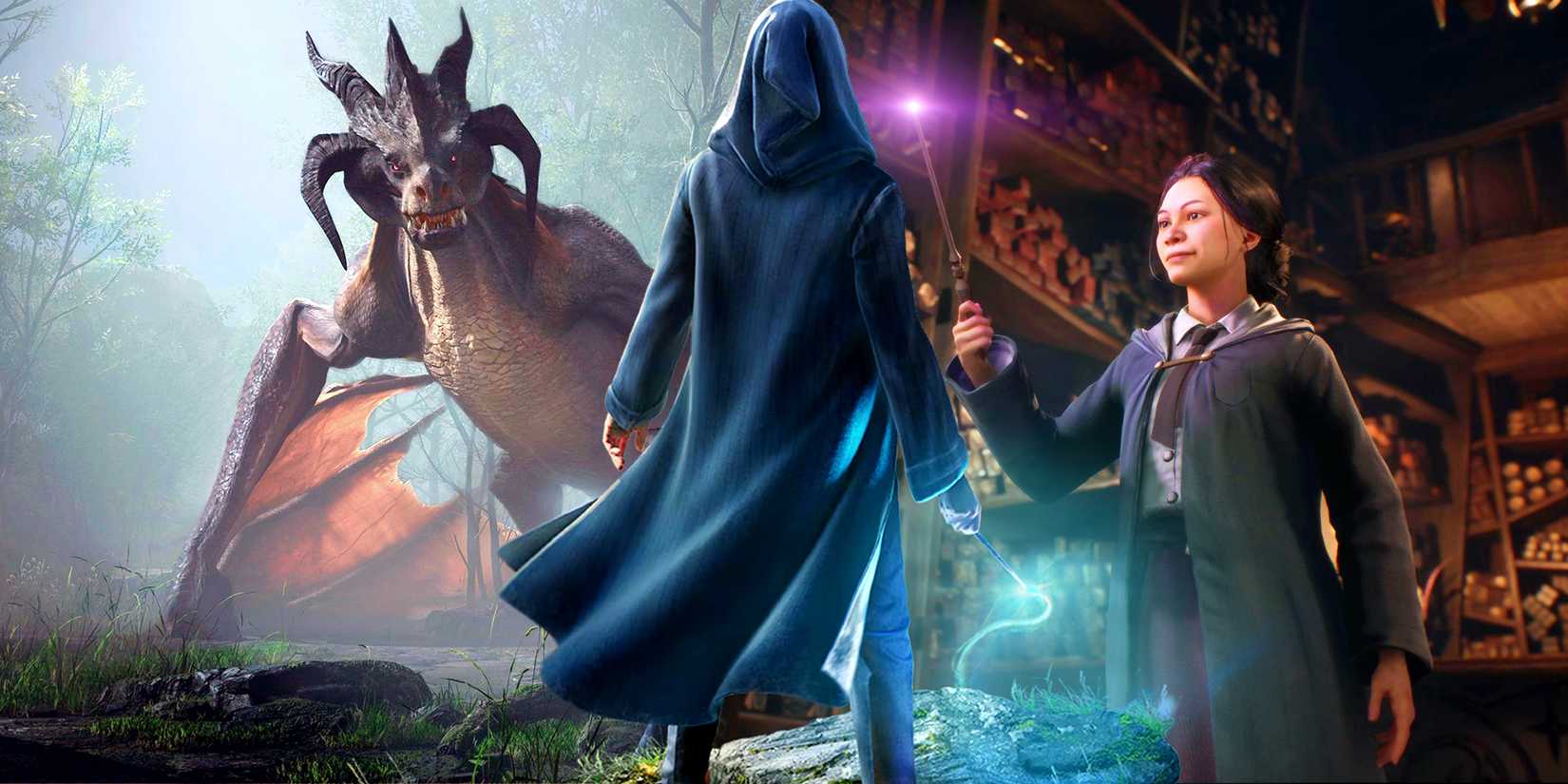 A dragon and a witch from Hogwarts Legacy on either side of a cloaked figure.