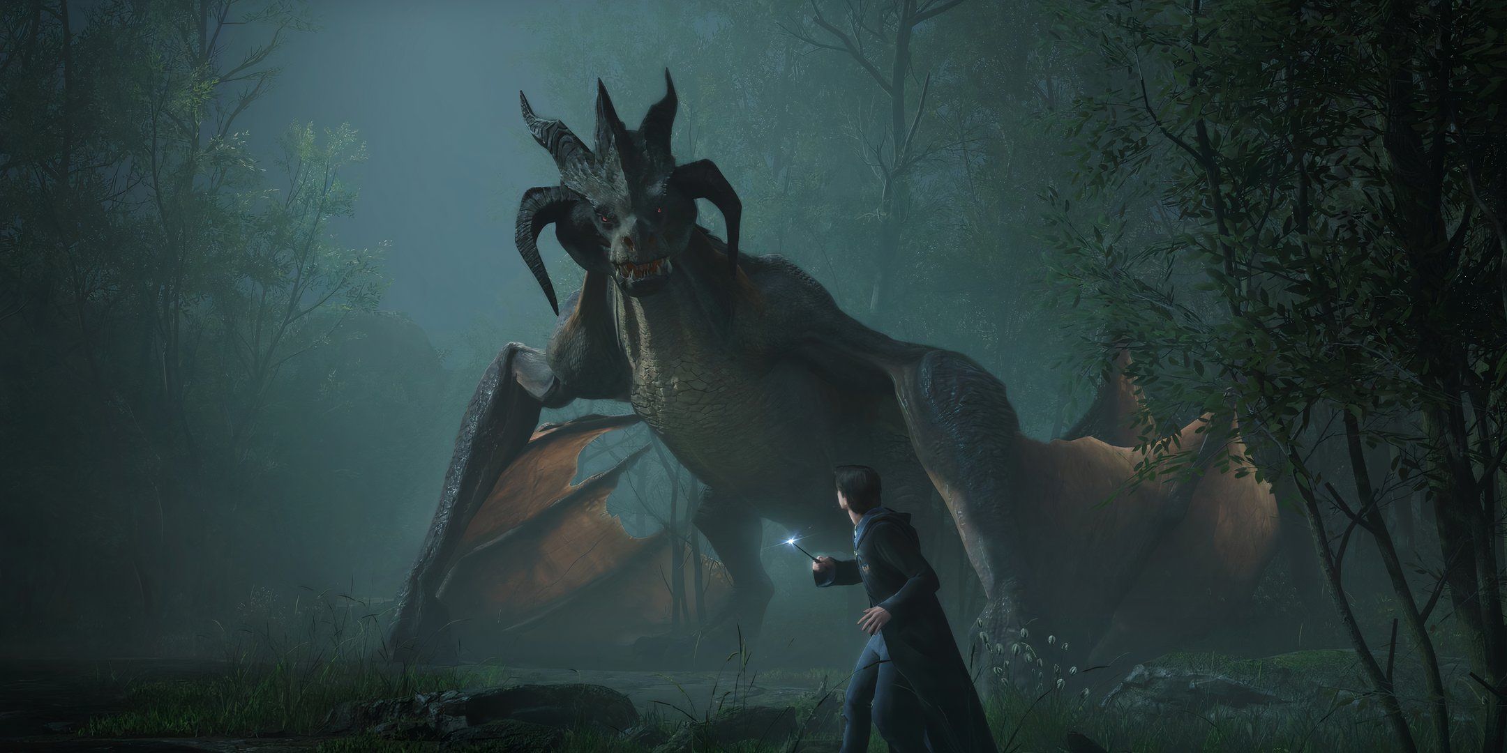 A student facing off against a dragon in Hogwarts Legacy.