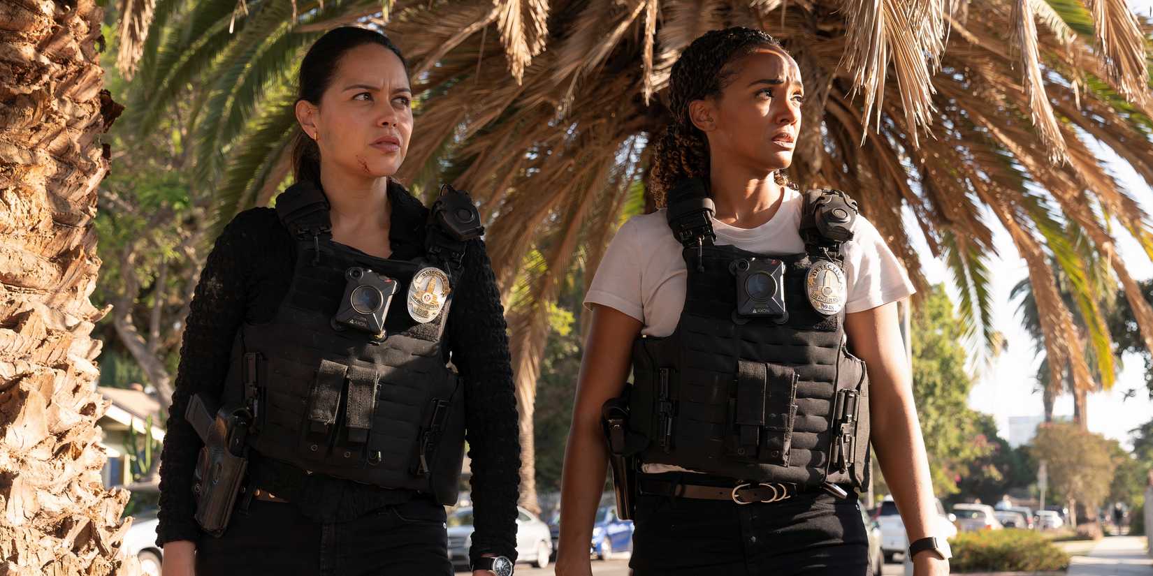 Alyssa Diaz as Angela Lopez and Mekia Cox as Nyla Harper in The Rookie season 7, episode 11