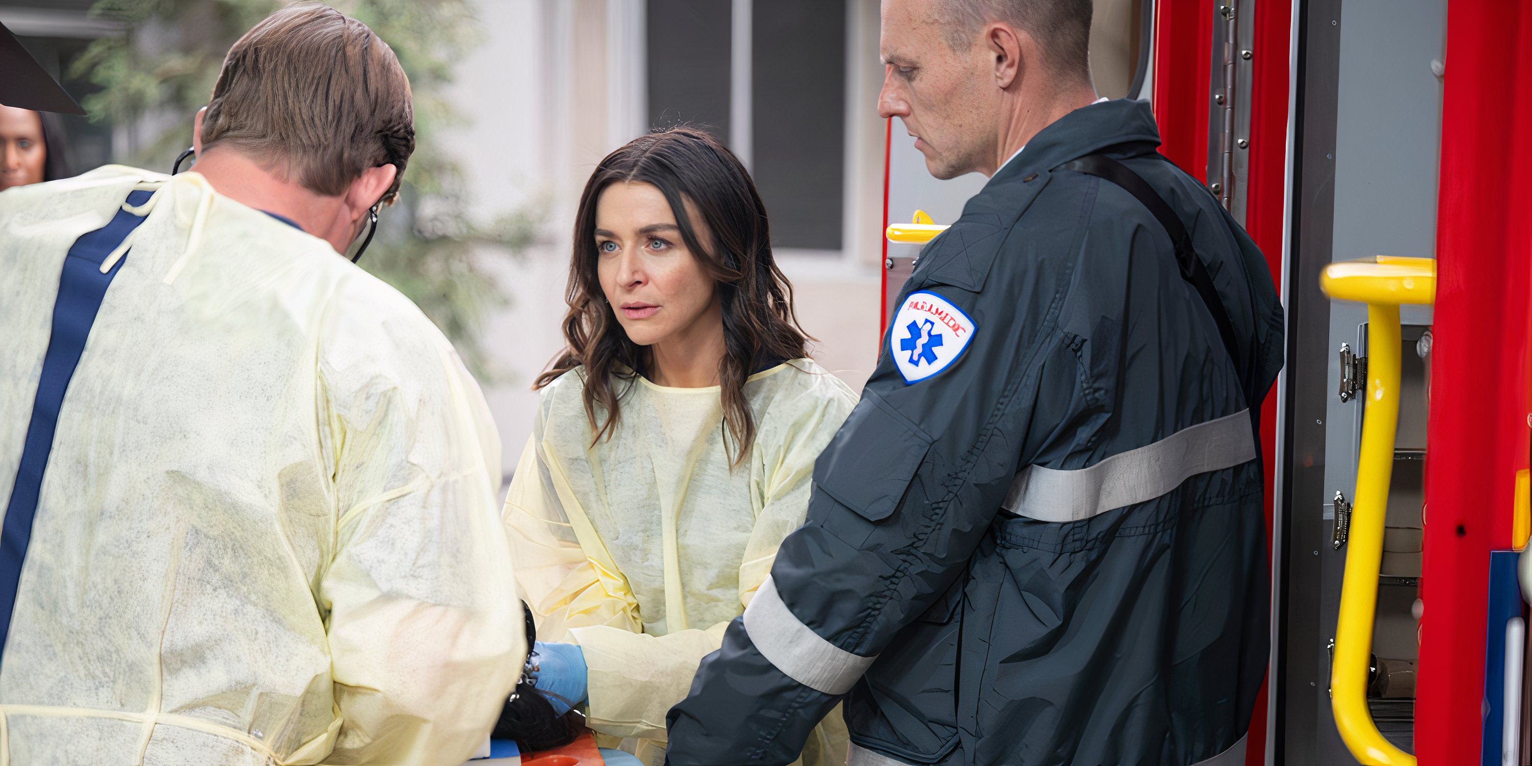 Amelia and Linc work on a patient outside of an ambulance in Grey's Anatomy season 21 episode 10