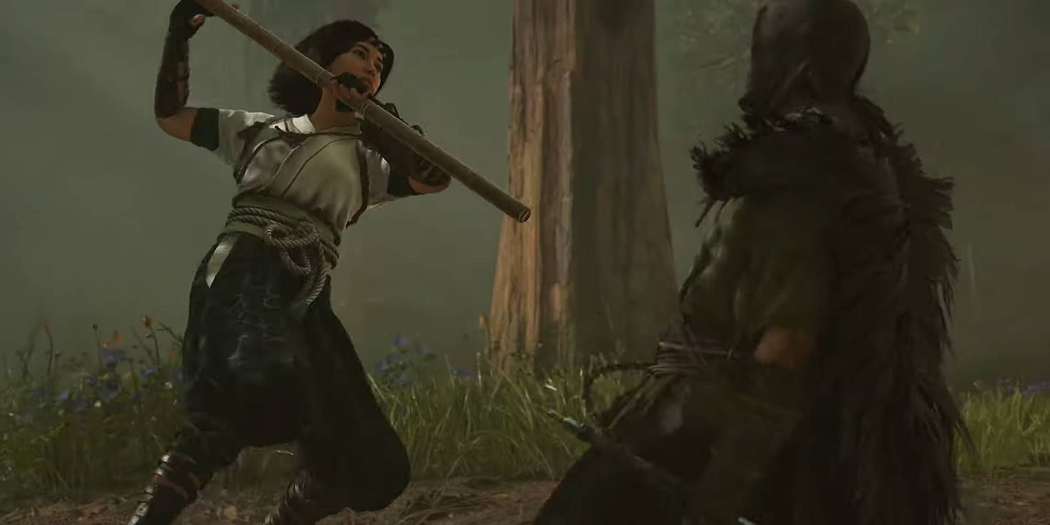 Naoe using the Bō staff against an enemy in Assassin&rsquo;s Creed Shadows' DLC, Claws of Awaji.