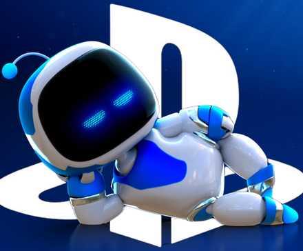 Astro Bot, отдыхающий перед логотипом PlayStation.