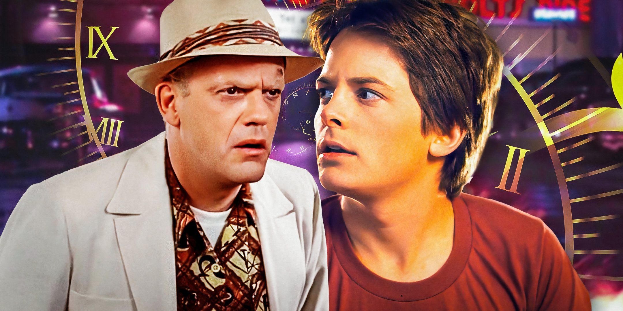 Марти МакФлай из "Назад в будущее", сыгранный Майклом Джеффокс, и Док Браун, сыгранный Кристофером Ллойд, перед графиком часов