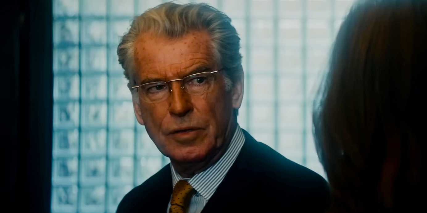 Arthur Stieglitz (Pierce Brosnan) with a confused expression in Black Bag