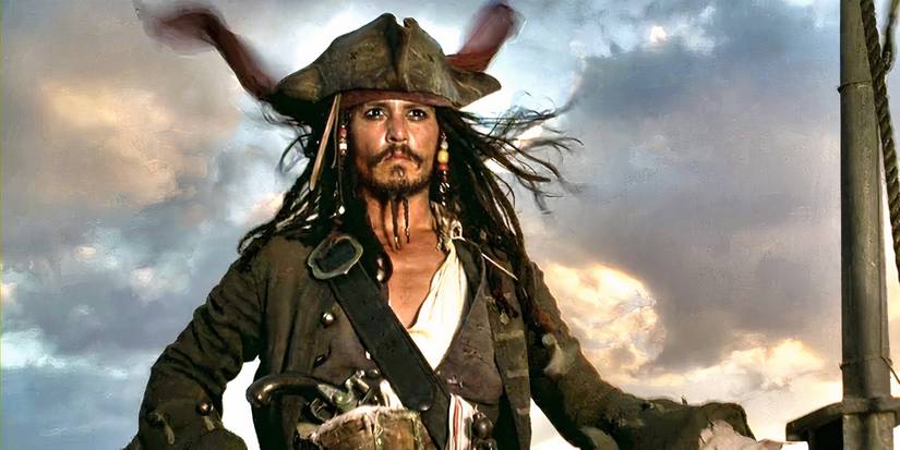 Captain Jack Sparrow standing at the top of a sinking ship and looking to the horizon in Pirates of the Caribbean: The Curse of the Black Pearl