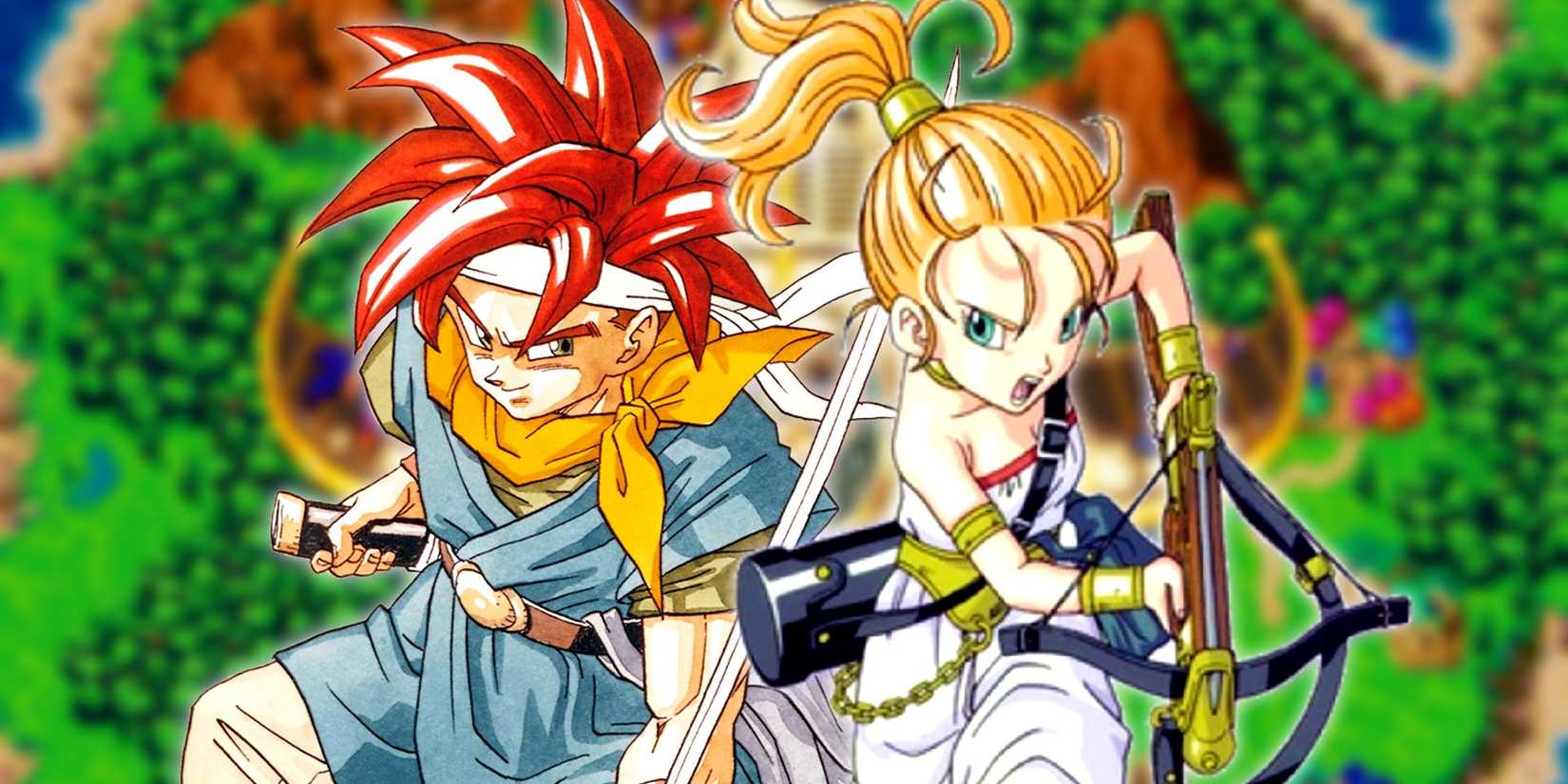 Chrono trigger protagonists posing against a blurred screenshot from the game