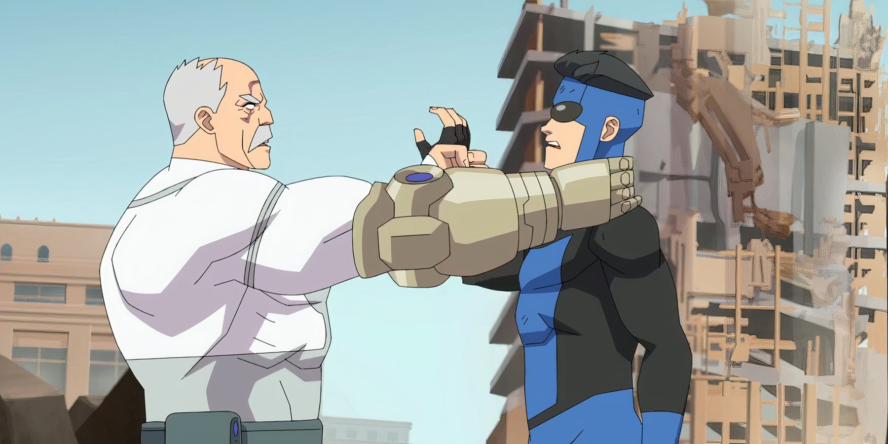 Conquest holding Mark by the throat in Invincible season 3