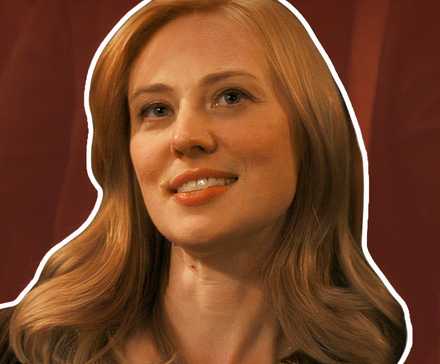 Custom image of Karen Page smiling on a red background