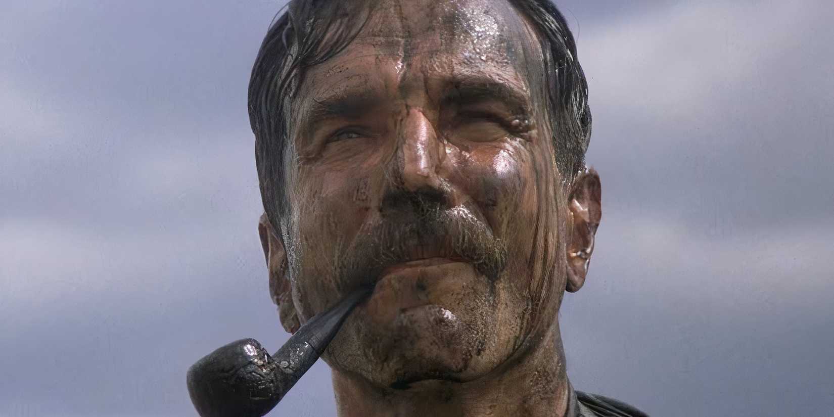 Daniel Day-Lewis with a pipe in his mouth in There Will be Blood