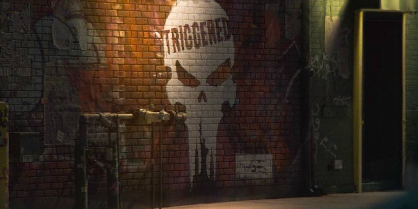 A mural of the Punisher logo in Daredevil: Born Again Season 1 Ep 4