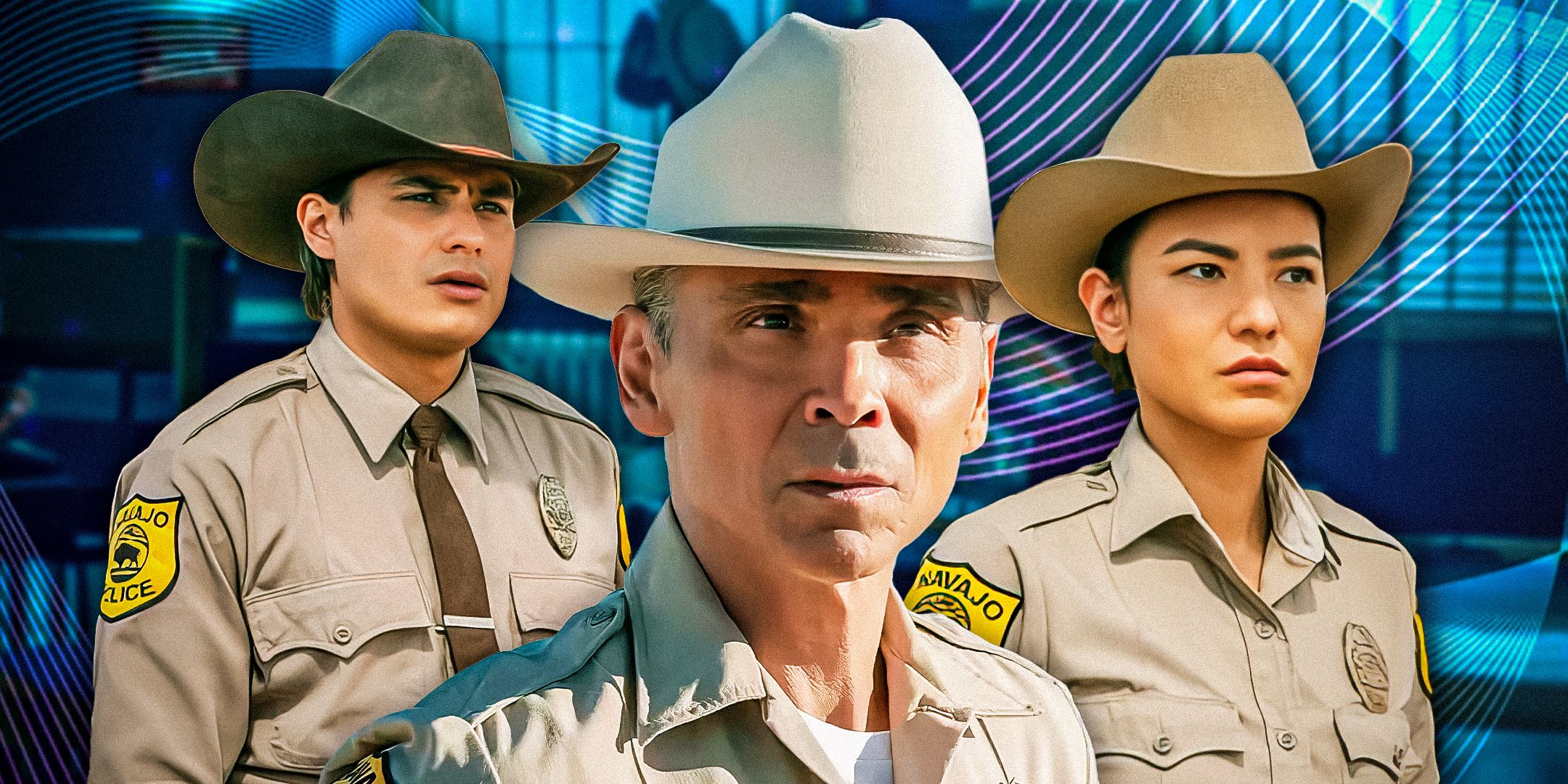Jim Chee (Kiowa Gordon), Joe Leaphorn (Zahn McClarnon), and Bernadette Manuelito (Jessica Matten) wearing Navajo Tribal Police uniforms in Dark Winds against a blue background