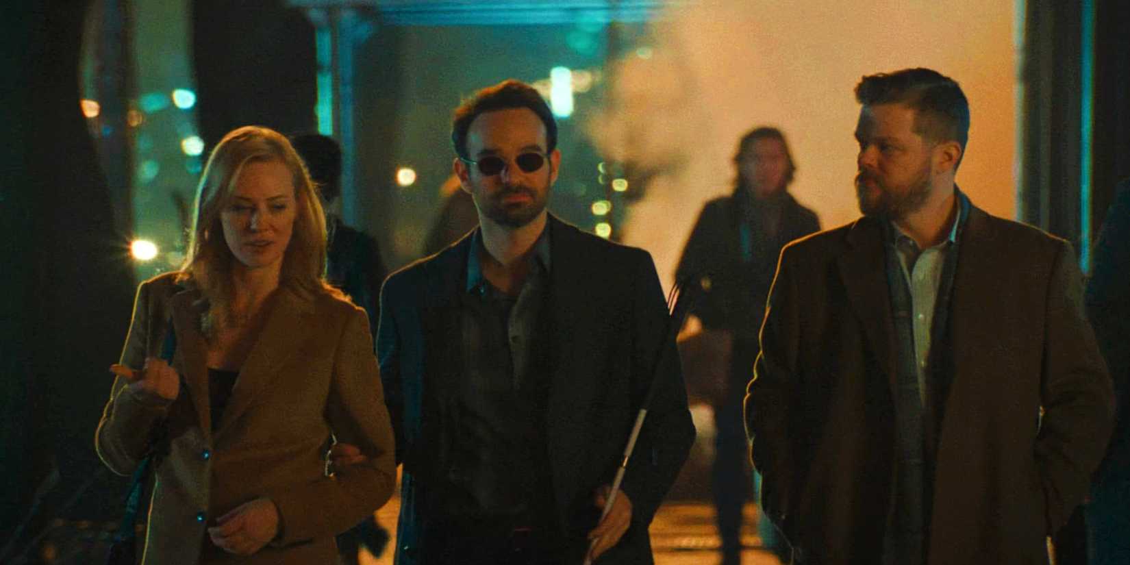 Deborah Ann Woll As Karen Page, Charlie Cox As Matt Murdock And Elden Hensen As Foggy Nelson Walking On NYC Street In Daredevil Born Again