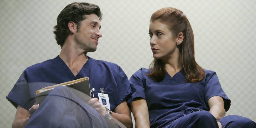 Derek Shepherd (Patrick Dempsey) is sitting by Addison Montgomery (Kate Walsh) at the hospital in Grey's Anatomy.