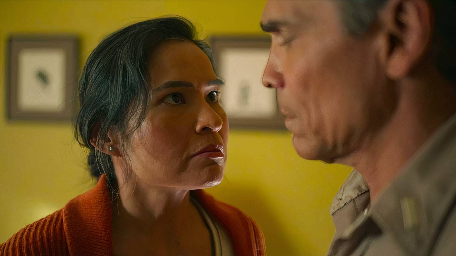 Emma Leaphorn (Deanna Allison) glares at Joe (Zahn McClarnon) in Dark Winds season 3