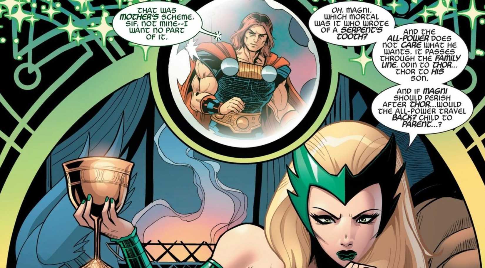 Enchantress contemplates killing her son Magni in Immortal Thor #19