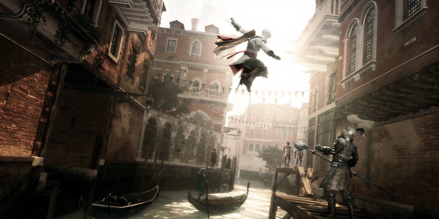 Ezio Launching A Jumping Surprise Attack In Assassin's Creed II.
