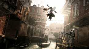 Ezio Launching A Jumping Surprise Attack In Assassin's Creed II.