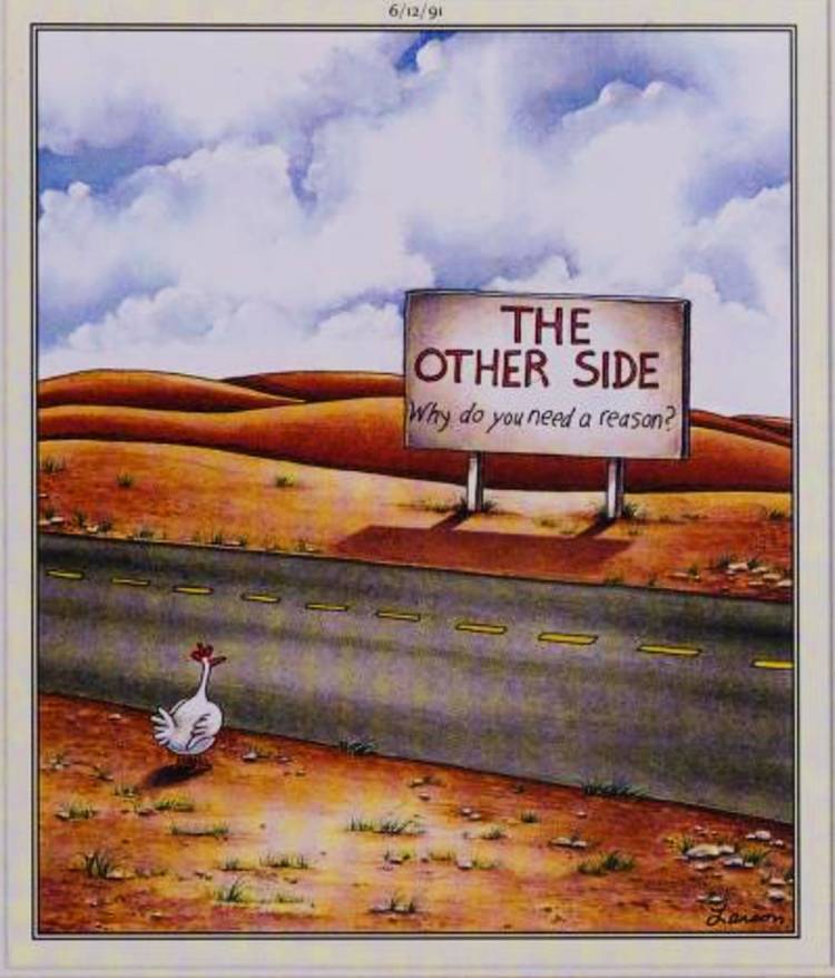 Far Side, June 12, 1991, a chicken stares at a billboard that says 'The Other Side, why do you even need a reason'