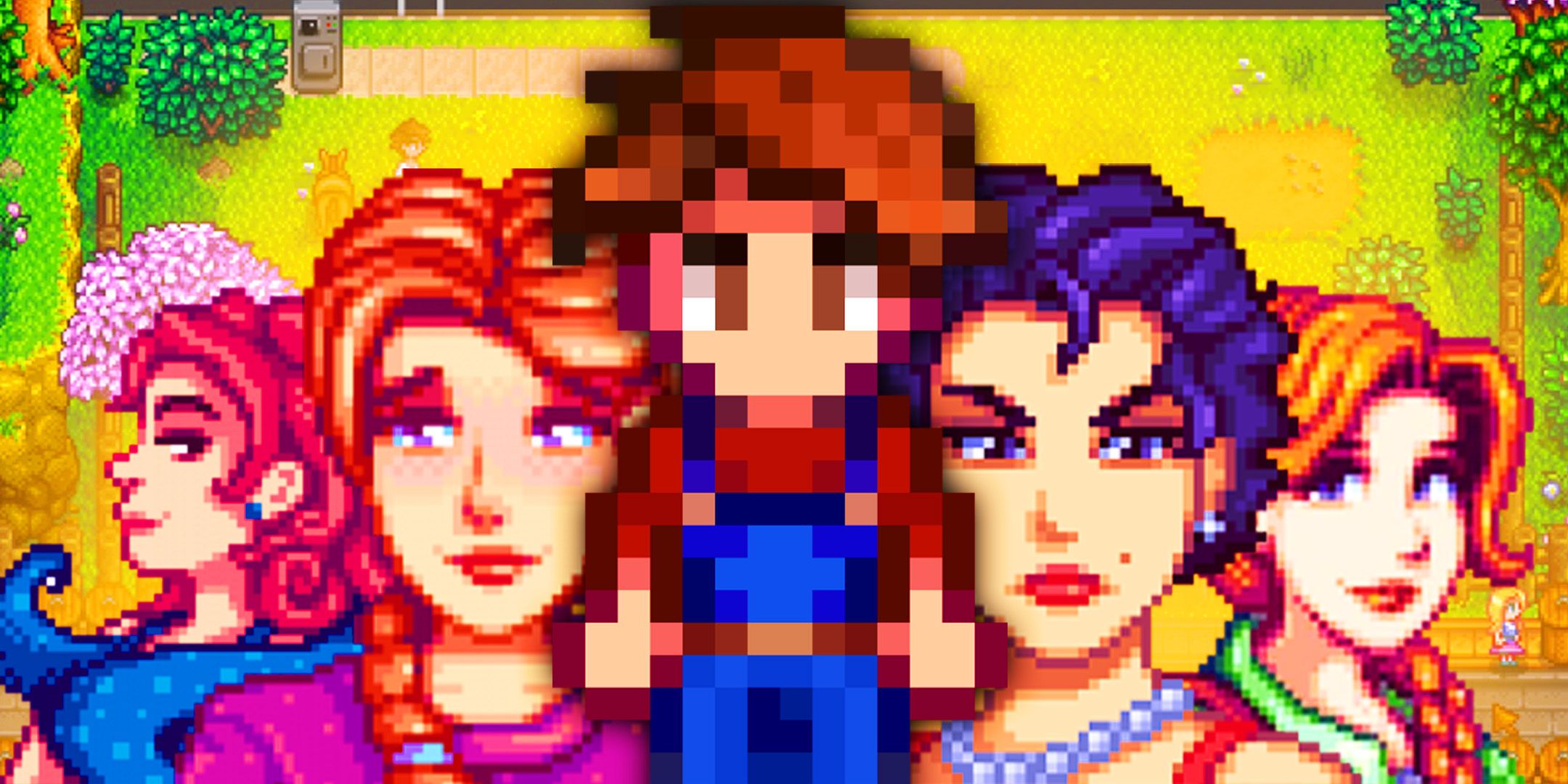 A Farmer avatar from Stardew Valley with portraits of several other characters.