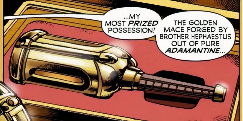 Hercules presenting his gold adamantine mace.