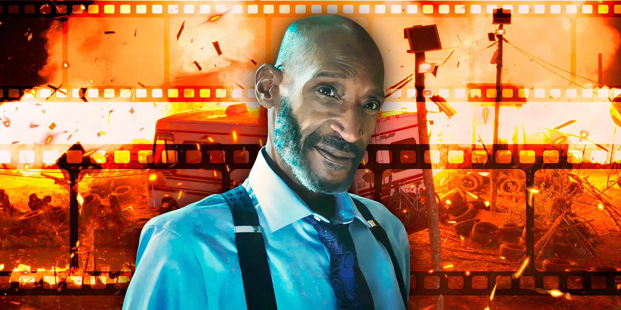 Final Destination Bloodlines Tony Todd como William Bludworth con imágenes del tráiler de fondo