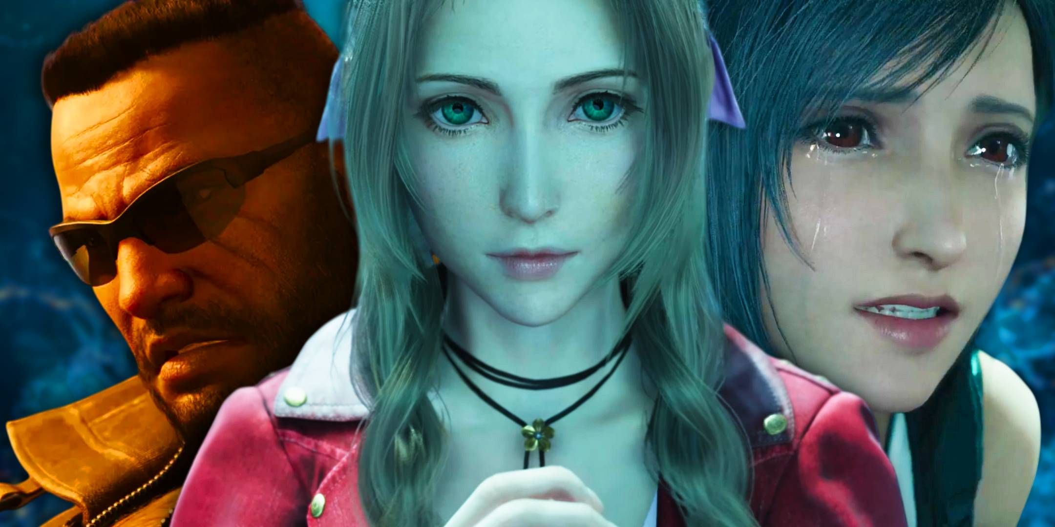 Aerith praying in Final Fantasy 7 Rebirth with Tifa crying to her right and Barret looking sad on her left.