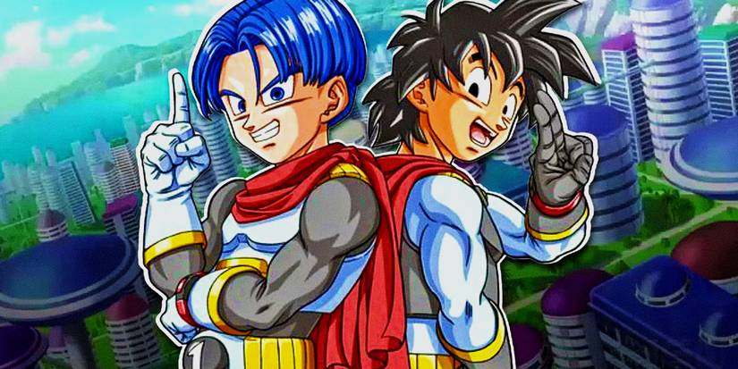Goten and Trunks above a city landscape theme