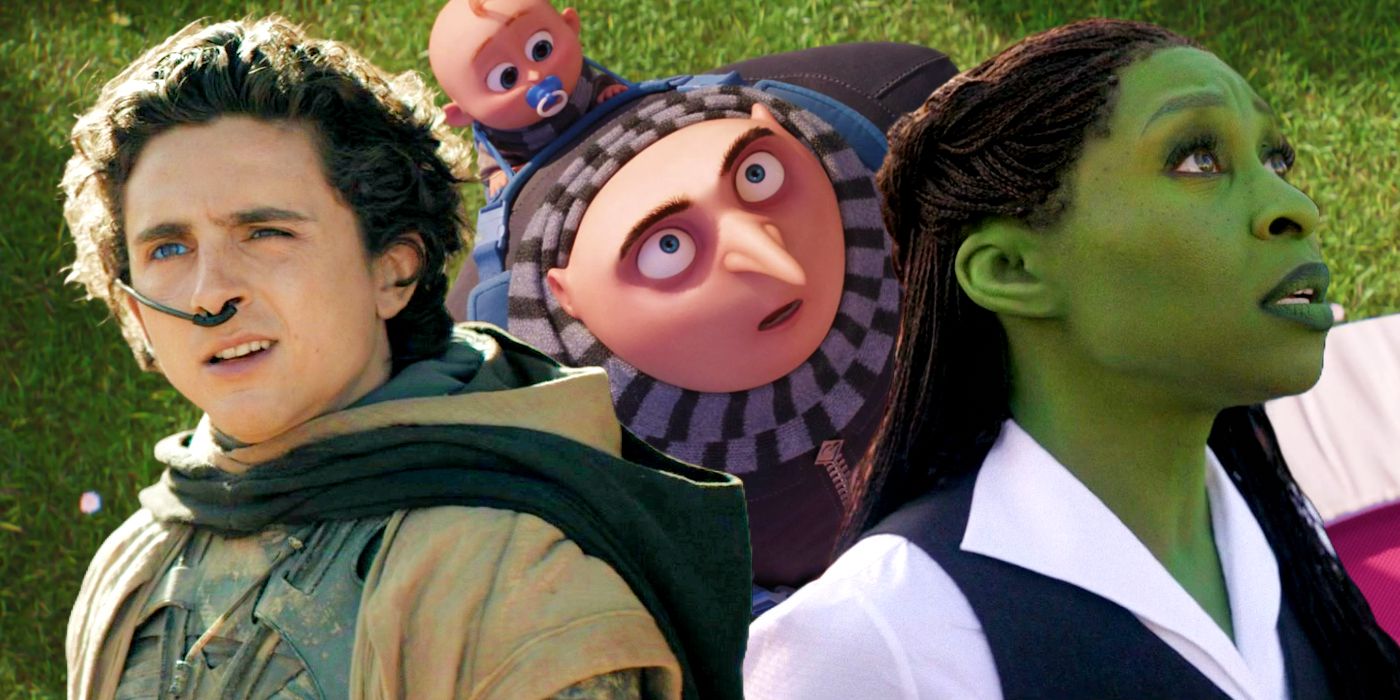 Gru from Despicable Me 4 standing behind Paul from Dune 2 and Elphaba from Wicked