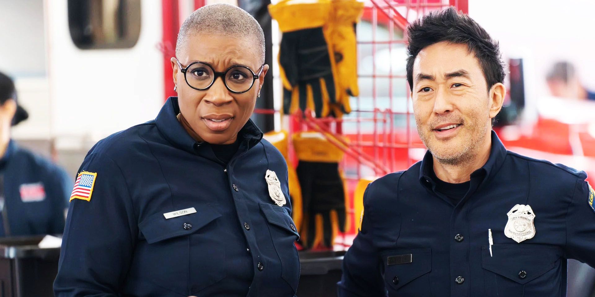 Han and Chimney standing together in 9-1-1 season 8, episode 8, Sob Stories