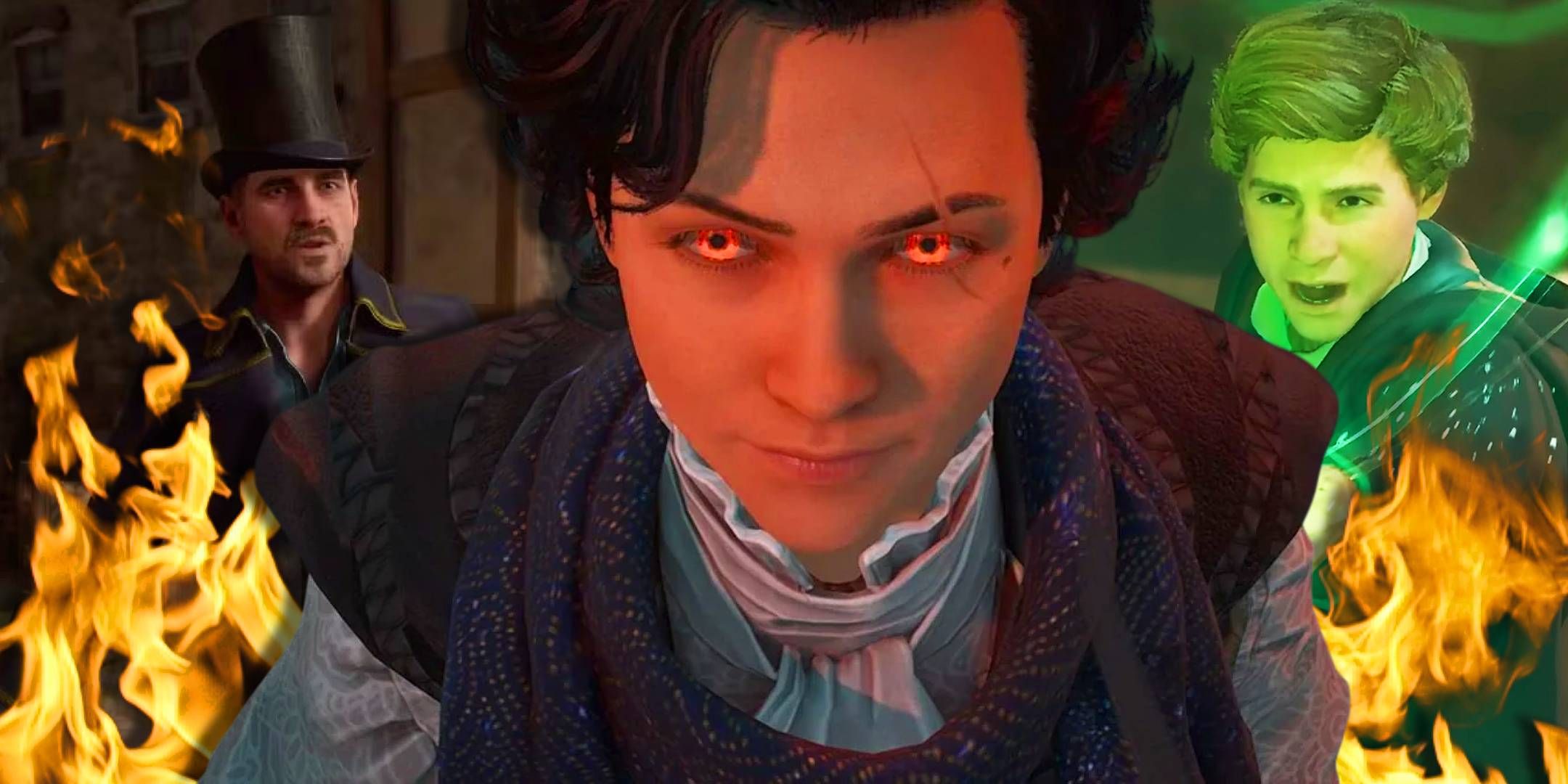 The evil player character in Hogwarts Legacy with flames behind them and gameplay of Victor Rookwood and Sebastian Sallow.