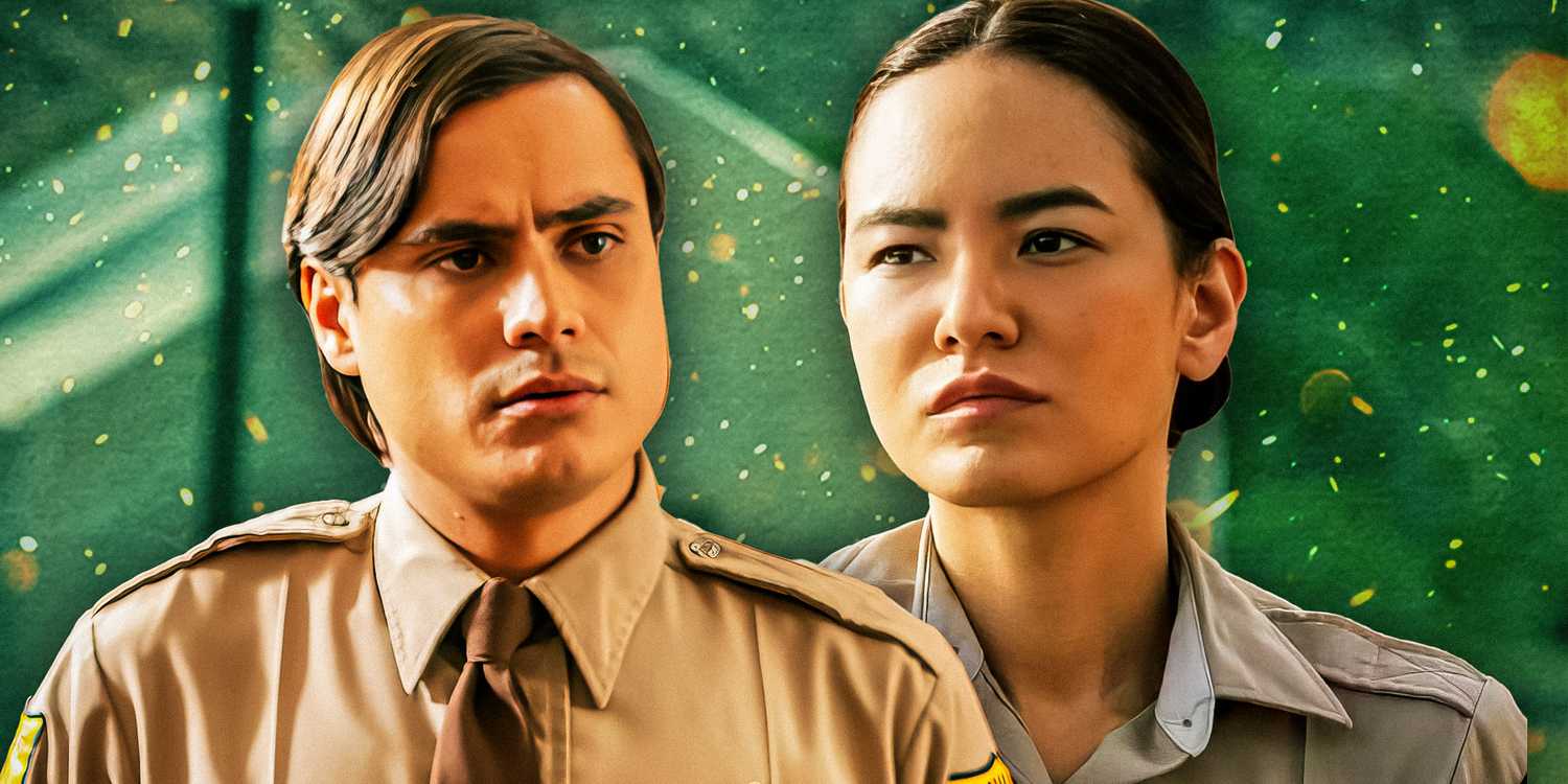 Jim Chee (Kiowa Gordon) and Bernadette Manuelito (Jessica Matten) in Dark Winds season 3 against a green background
