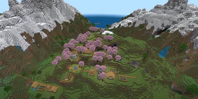 22 Best Minecraft Seeds For Cherry Blossom 7 Minecraft Cherry Coastal Town Cherry Blossom world seed