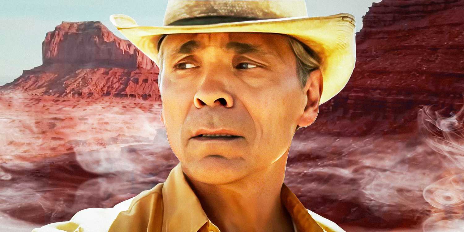 Joe Leaphorn (Zahn McClarnon) looking worried in front of some mesas in the Arizona wilderness in Dark Winds