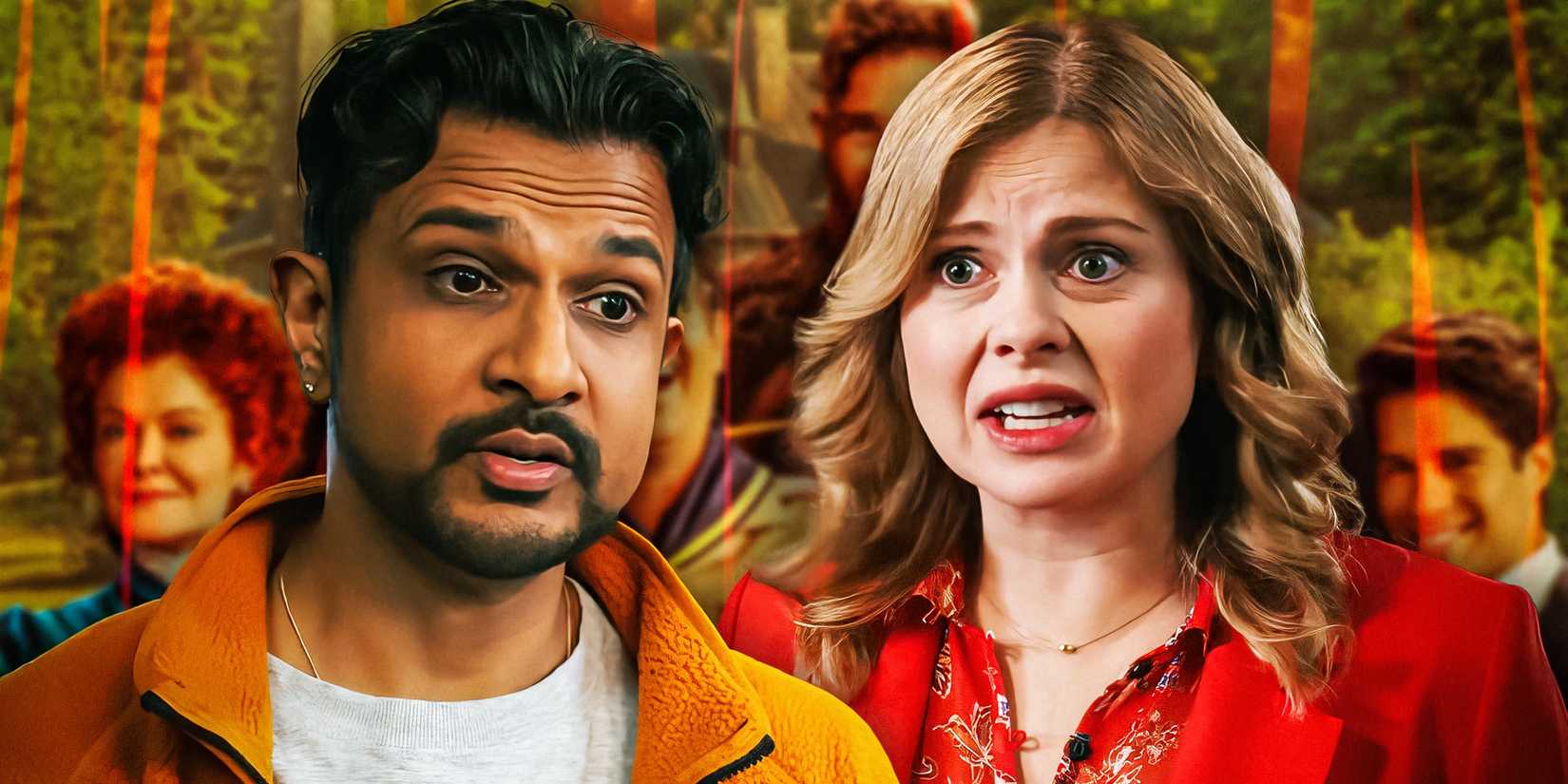 Sam and Jay with characters in the background from Ghosts